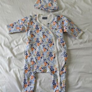 The Land of Nod Floral Footie in Blue & Orange with Matching Hat